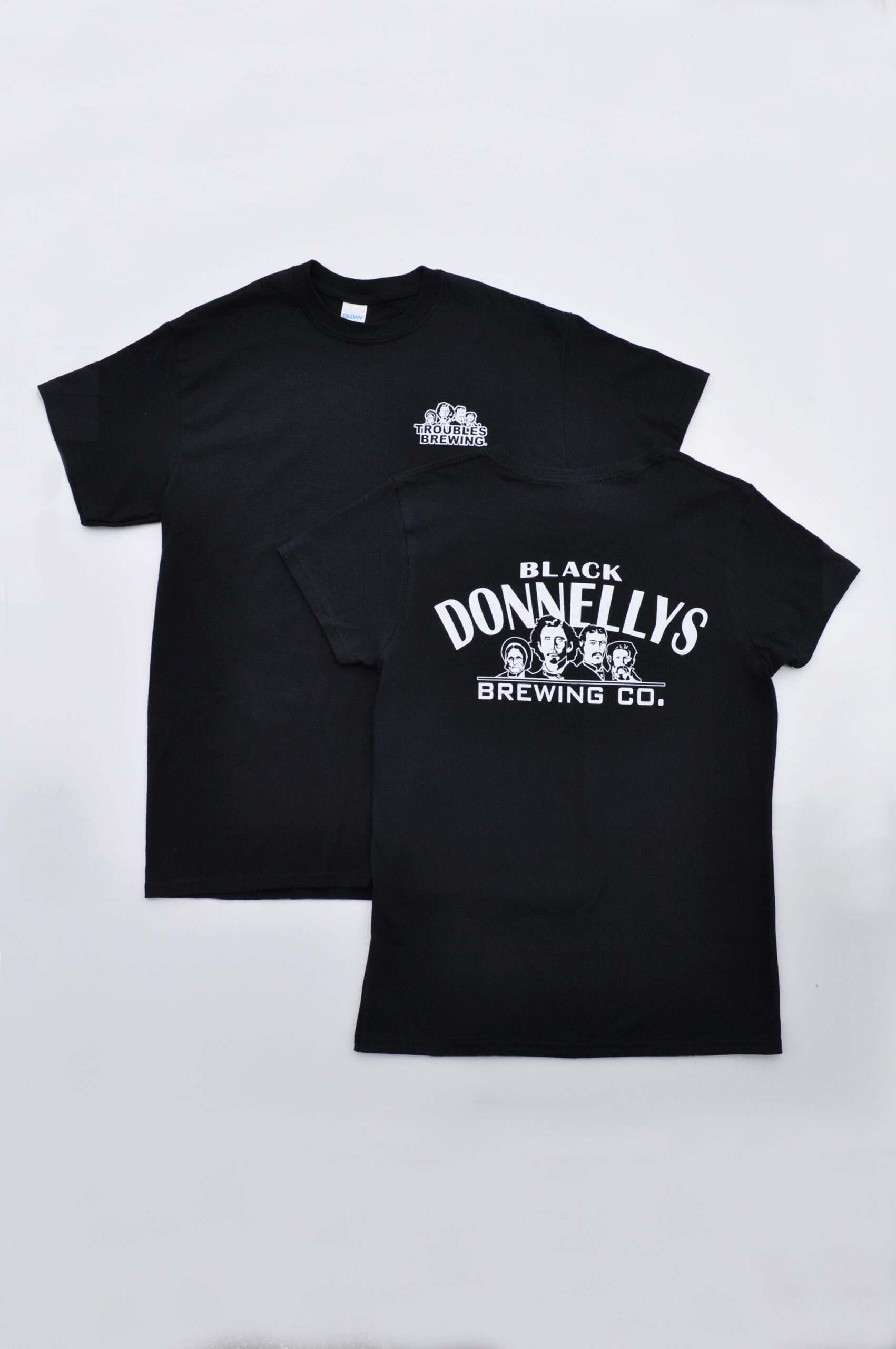 The Front And Back Of A Black Donnellys Brewing Company T-shirt In Black With A White And Black Logo Both On The Front And Back.